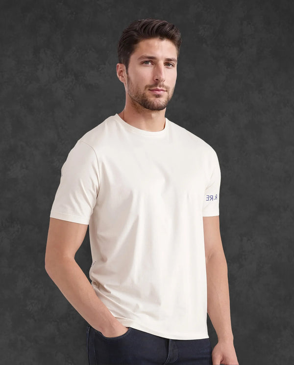 Rare Rabbit Men Nomo Beige Cotton Blend Fabric Short Sleeve Crew Neck Monogram Backprint T-Shirt