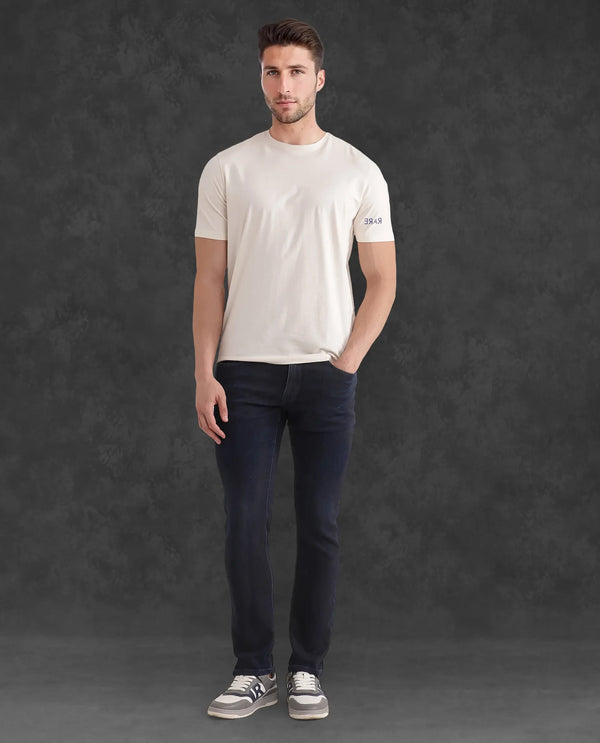 Rare Rabbit Men Nomo Beige Cotton Blend Fabric Short Sleeve Crew Neck Monogram Backprint T-Shirt