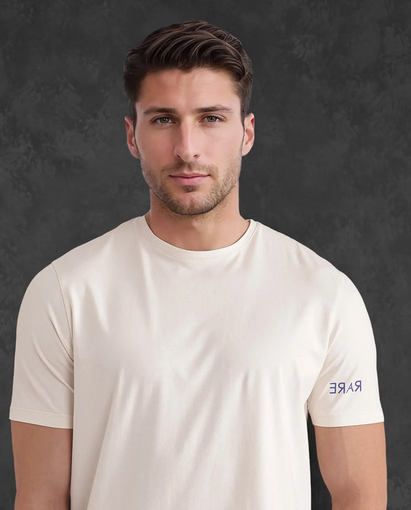Rare Rabbit Men Nomo Beige Cotton Blend Fabric Short Sleeve Crew Neck Monogram Backprint T-Shirt