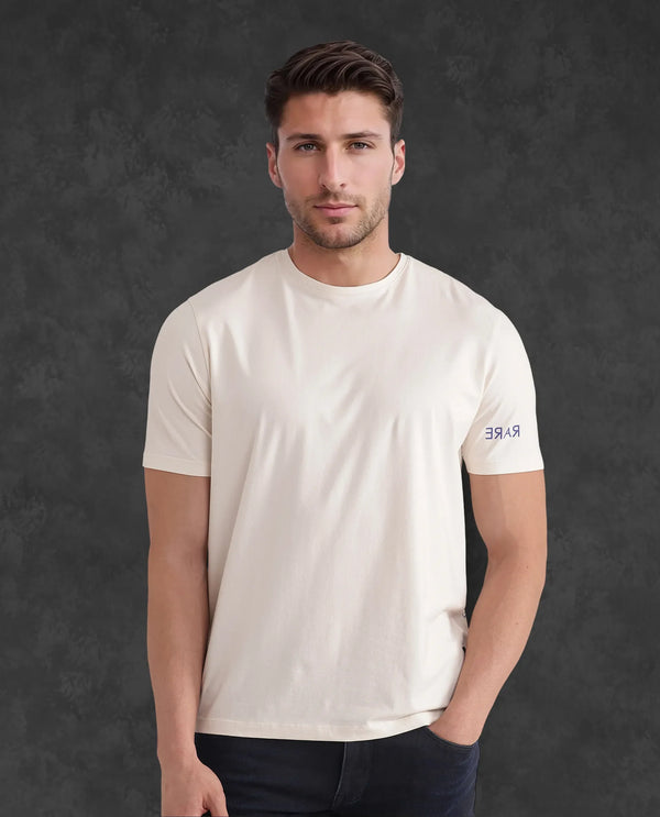 Rare Rabbit Men Nomo Beige Cotton Blend Fabric Short Sleeve Crew Neck Monogram Backprint T-Shirt