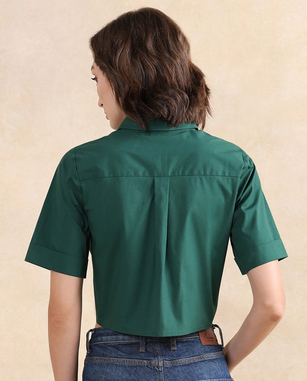 Rareism Women Nomoli Dark Green Cotton Blend Fabric Short Sleeve Collared Neck Button Closure Boxy Fit Cropped Plain Shirt