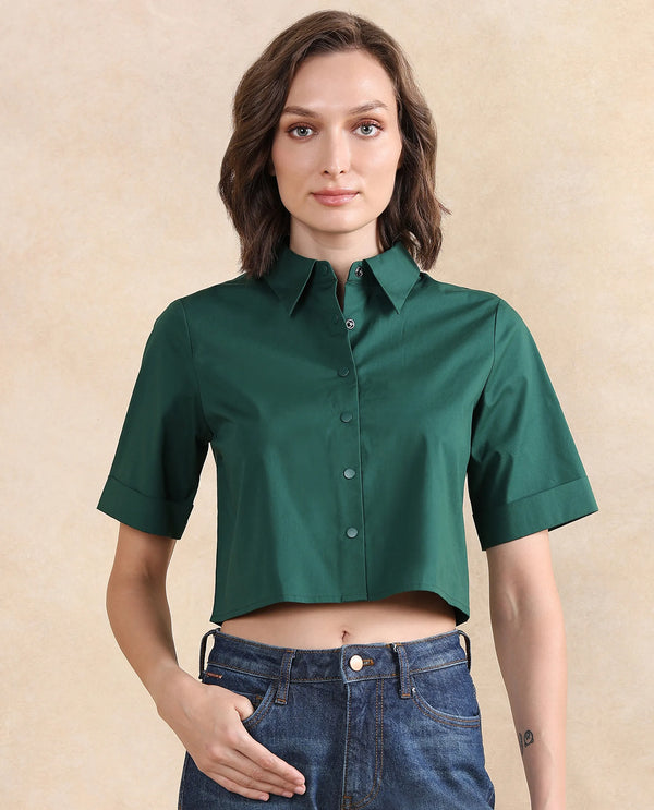 Rareism Women Nomoli Dark Green Cotton Blend Fabric Short Sleeve Collared Neck Button Closure Boxy Fit Cropped Plain Shirt