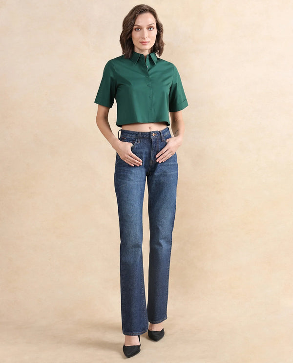 Rareism Women Nomoli Dark Green Cotton Blend Fabric Short Sleeve Collared Neck Button Closure Boxy Fit Cropped Plain Shirt