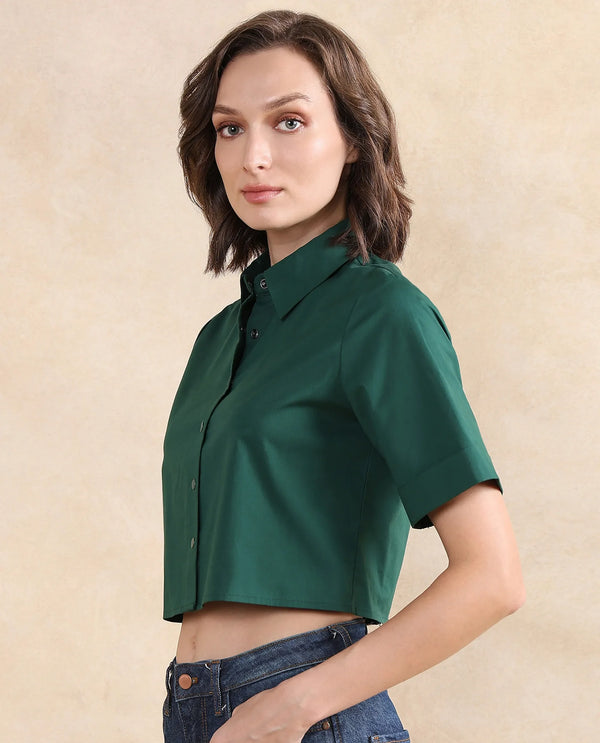 Rareism Women Nomoli Dark Green Cotton Blend Fabric Short Sleeve Collared Neck Button Closure Boxy Fit Cropped Plain Shirt