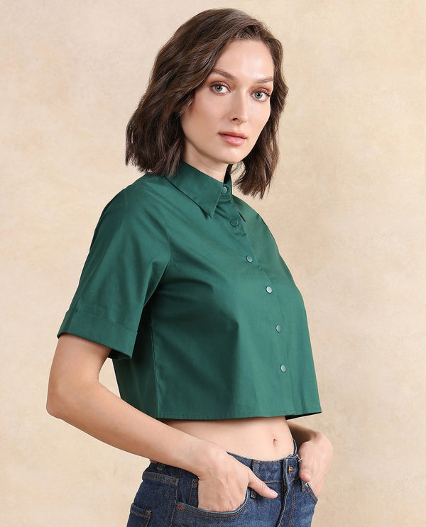 Rareism Women Nomoli Dark Green Cotton Blend Fabric Short Sleeve Collared Neck Button Closure Boxy Fit Cropped Plain Shirt