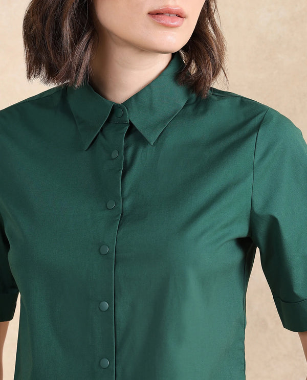 Rareism Women Nomoli Dark Green Cotton Blend Fabric Short Sleeve Collared Neck Button Closure Boxy Fit Cropped Plain Shirt