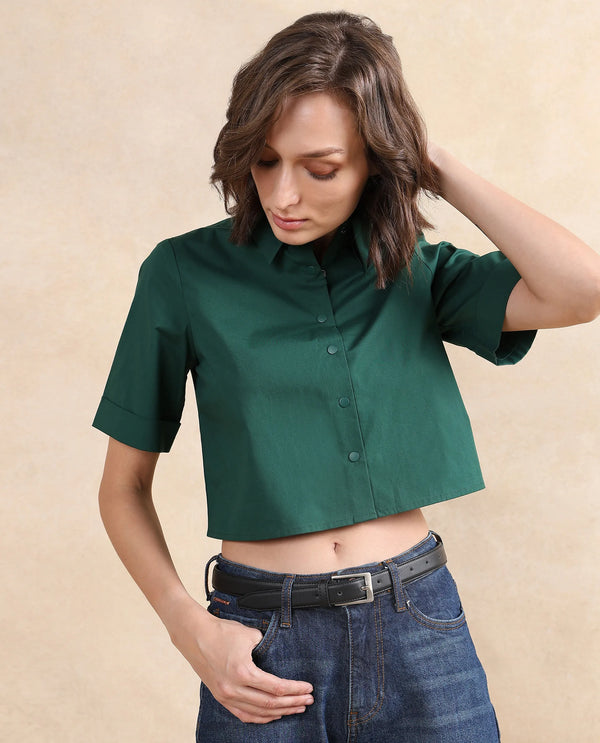 Rareism Women Nomoli Dark Green Cotton Blend Fabric Short Sleeve Collared Neck Button Closure Boxy Fit Cropped Plain Shirt