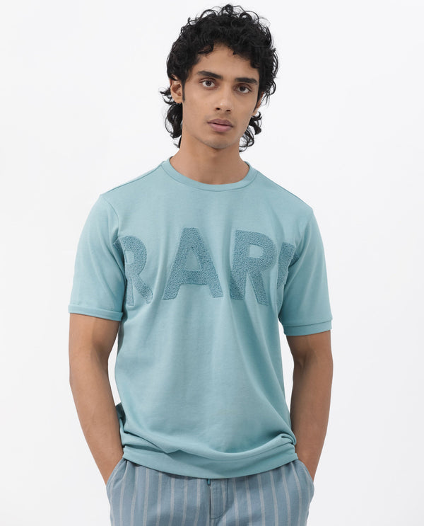 Rare Rabbit Mens Nor-2 Dusky Turq Loopback Terry Fabric Half Sleeves Towel Embroidered Oversized T-Shirt
