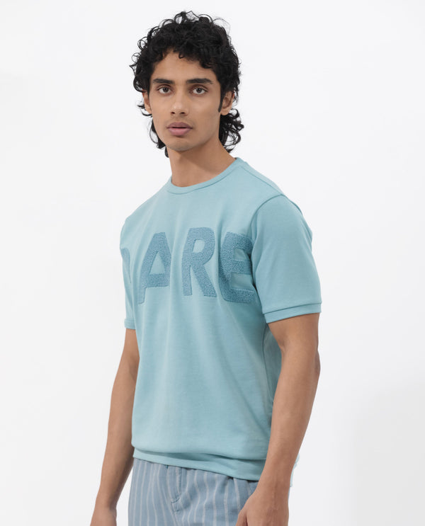 Rare Rabbit Mens Nor-2 Dusky Turq Loopback Terry Fabric Half Sleeves Towel Embroidered Oversized T-Shirt