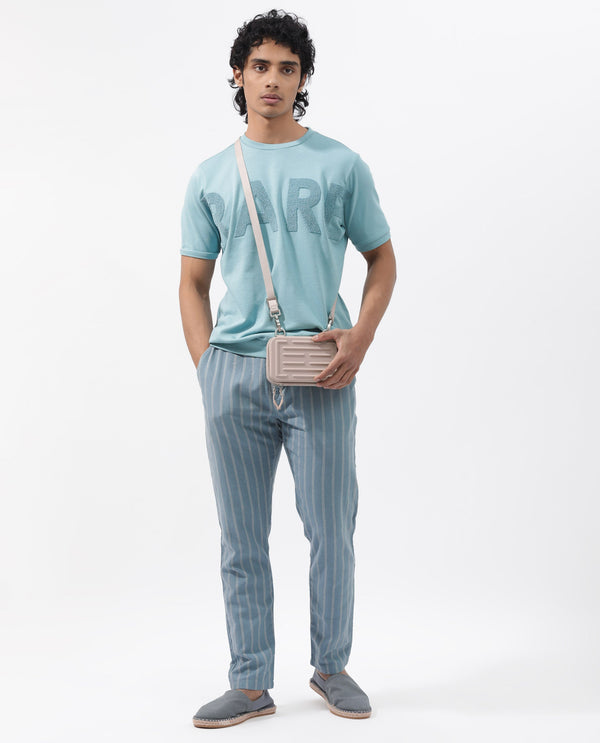 Rare Rabbit Mens Nor-2 Dusky Turq Loopback Terry Fabric Half Sleeves Towel Embroidered Oversized T-Shirt