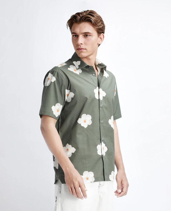 Rare Rabbit Men Nort Olive Cotton Fabric Short Sleeve Spread Collar Button Closure Floral Print Shirt
