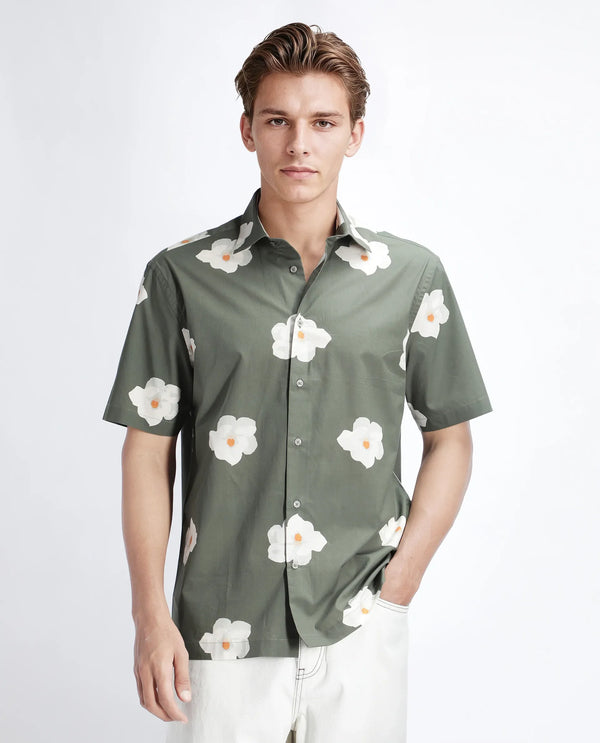 Rare Rabbit Men Nort Olive Cotton Fabric Short Sleeve Spread Collar Button Closure Floral Print Shirt