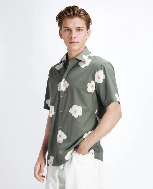 Rare Rabbit Men Nort Olive Cotton Fabric Short Sleeve Spread Collar Button Closure Floral Print Shirt