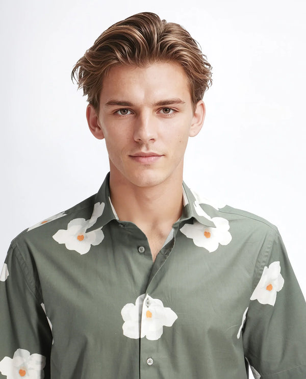 Rare Rabbit Men Nort Olive Cotton Fabric Short Sleeve Spread Collar Button Closure Floral Print Shirt