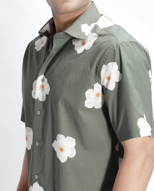 Rare Rabbit Men Nort Olive Cotton Fabric Short Sleeve Spread Collar Button Closure Floral Print Shirt