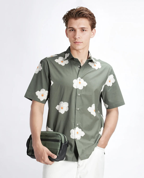 Rare Rabbit Men Nort Olive Cotton Fabric Short Sleeve Spread Collar Button Closure Floral Print Shirt