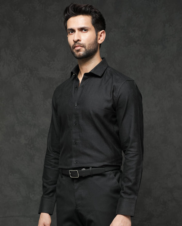 Rare Rabbit Mens Notum Black Cotton Fabric Full Sleeve Dobby Texture Shirt
