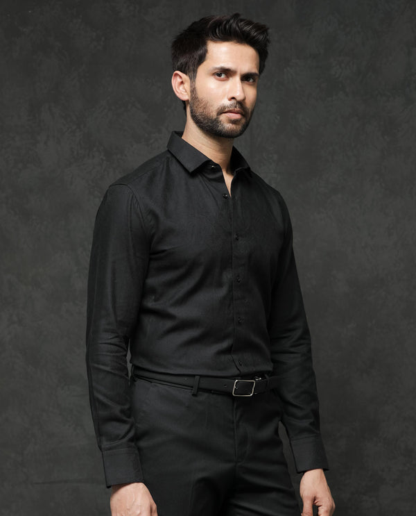 Rare Rabbit Mens Notum Black Cotton Fabric Full Sleeve Dobby Texture Shirt