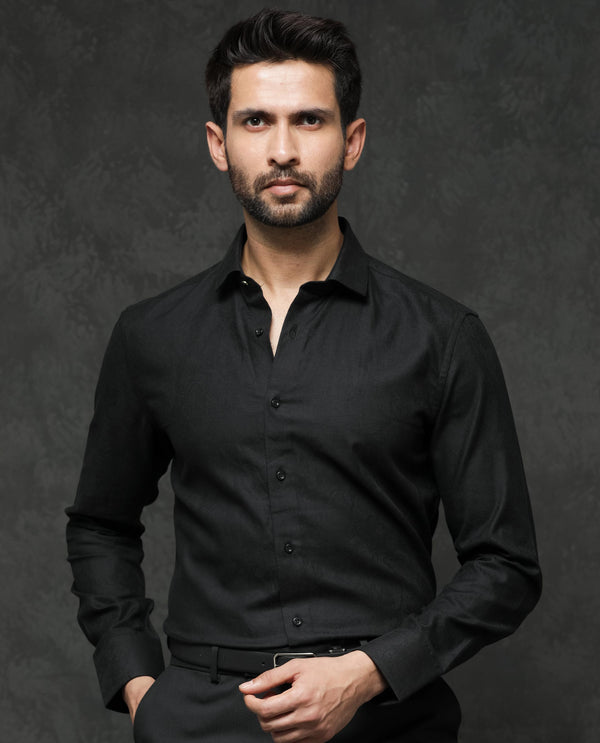 Rare Rabbit Mens Notum Black Cotton Fabric Full Sleeve Dobby Texture Shirt