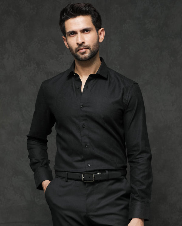 Rare Rabbit Mens Notum Black Cotton Fabric Full Sleeve Dobby Texture Shirt