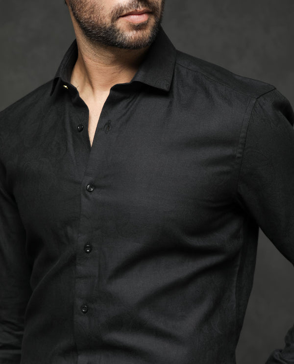 Rare Rabbit Mens Notum Black Cotton Fabric Full Sleeve Dobby Texture Shirt