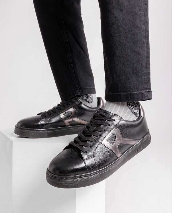 Rare Rabbit Men's Nova Pro Metallic Black Patent Leather Low-Top Lace-Up Sneaker Shoes