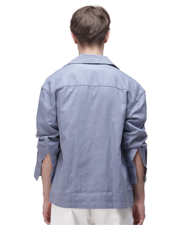 Rare Rabbit Men Noyon Light Blue Cotton Fabric Cuban Collar Regular Fit Full Sleeve Floral Emboirdered Shirt
