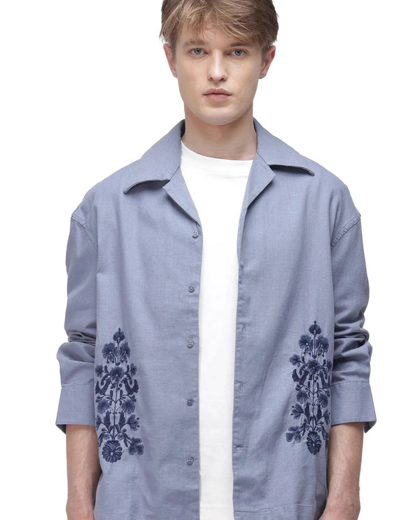 Rare Rabbit Men Noyon Light Blue Cotton Fabric Cuban Collar Regular Fit Full Sleeve Floral Emboirdered Shirt