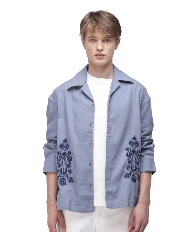 Rare Rabbit Men Noyon Light Blue Cotton Fabric Cuban Collar Regular Fit Full Sleeve Floral Emboirdered Shirt