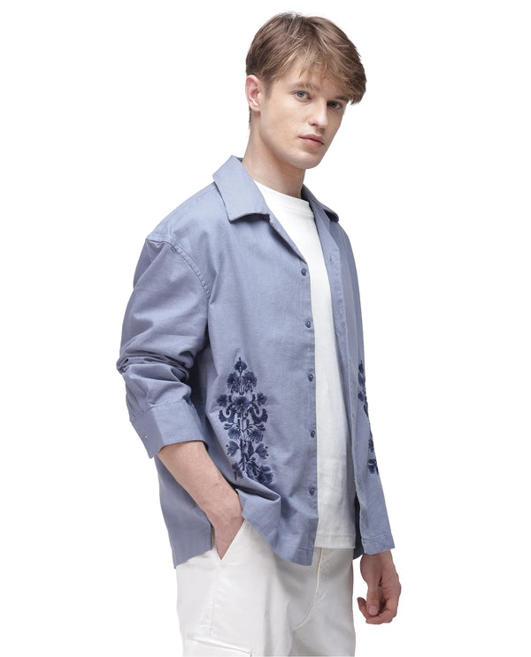 Rare Rabbit Men Noyon Light Blue Cotton Fabric Cuban Collar Regular Fit Full Sleeve Floral Emboirdered Shirt