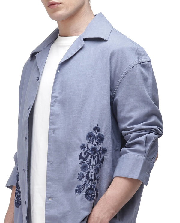 Rare Rabbit Men Noyon Light Blue Cotton Fabric Cuban Collar Regular Fit Full Sleeve Floral Emboirdered Shirt