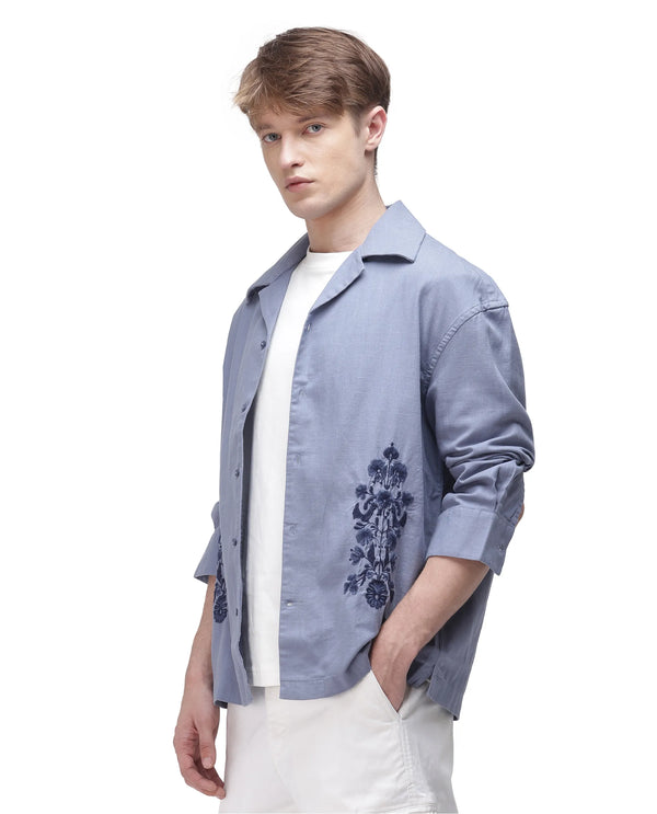 Rare Rabbit Men Noyon Light Blue Cotton Fabric Cuban Collar Regular Fit Full Sleeve Floral Emboirdered Shirt