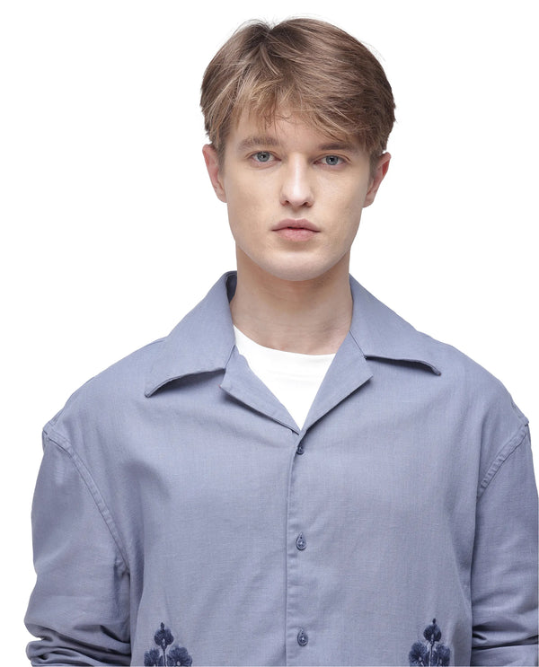 Rare Rabbit Men Noyon Light Blue Cotton Fabric Cuban Collar Regular Fit Full Sleeve Floral Emboirdered Shirt