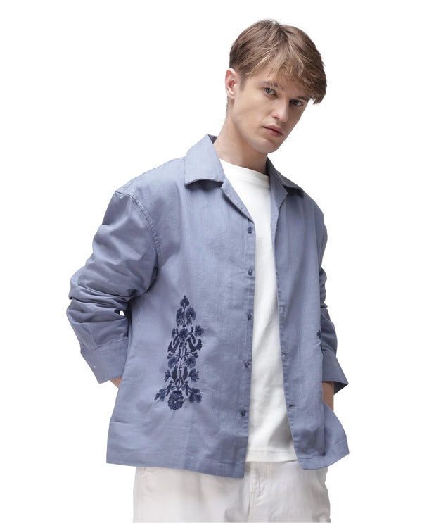 Rare Rabbit Men Noyon Light Blue Cotton Fabric Cuban Collar Regular Fit Full Sleeve Floral Emboirdered Shirt