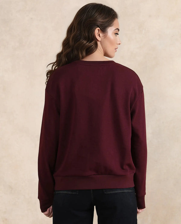 Rareism Women Nudge Dark Maroon Cotton Blend Fabric Full Sleeve Crew Neck Relaxed Fit Graphic Print Sweatshirt