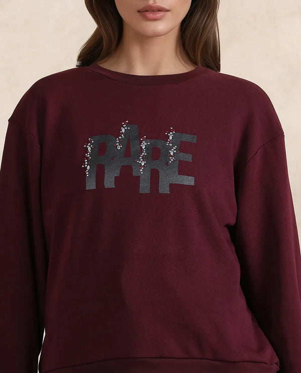 Rareism Women Nudge Dark Maroon Cotton Blend Fabric Full Sleeve Crew Neck Relaxed Fit Graphic Print Sweatshirt