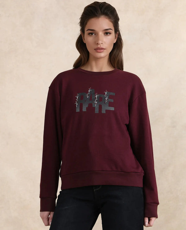 Rareism Women Nudge Dark Maroon Cotton Blend Fabric Full Sleeve Crew Neck Relaxed Fit Graphic Print Sweatshirt