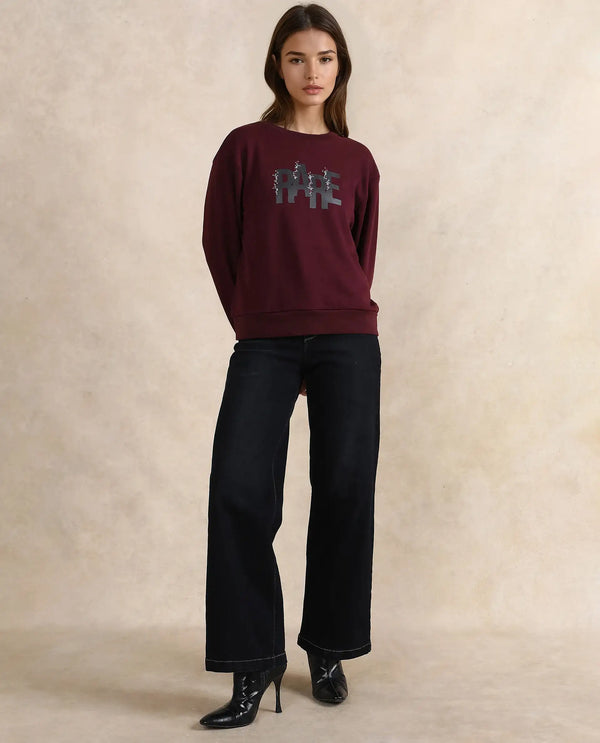 Rareism Women Nudge Dark Maroon Cotton Blend Fabric Full Sleeve Crew Neck Relaxed Fit Graphic Print Sweatshirt