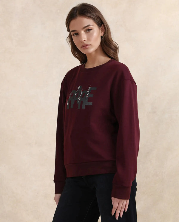 Rareism Women Nudge Dark Maroon Cotton Blend Fabric Full Sleeve Crew Neck Relaxed Fit Graphic Print Sweatshirt