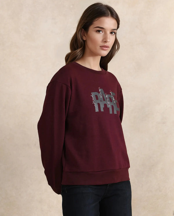 Rareism Women Nudge Dark Maroon Cotton Blend Fabric Full Sleeve Crew Neck Relaxed Fit Graphic Print Sweatshirt