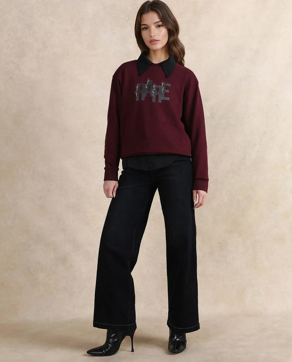 Rareism Women Nudge Dark Maroon Cotton Blend Fabric Full Sleeve Crew Neck Relaxed Fit Graphic Print Sweatshirt