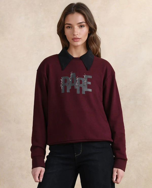 Rareism Women Nudge Dark Maroon Cotton Blend Fabric Full Sleeve Crew Neck Relaxed Fit Graphic Print Sweatshirt