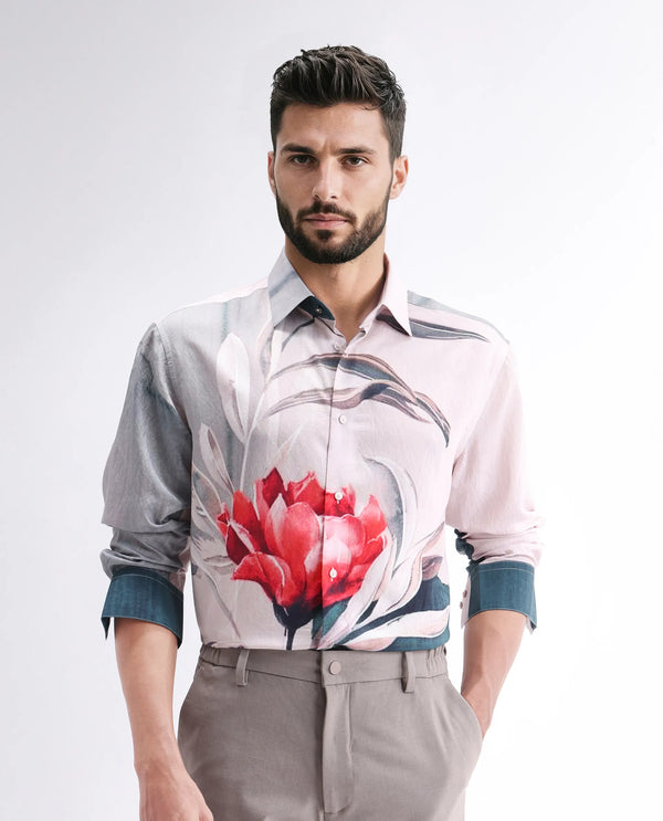 Rare Rabbit Men Numa Teal Viscose Blend Fabric Full Sleeve Collared Neck Jacquard Shirt