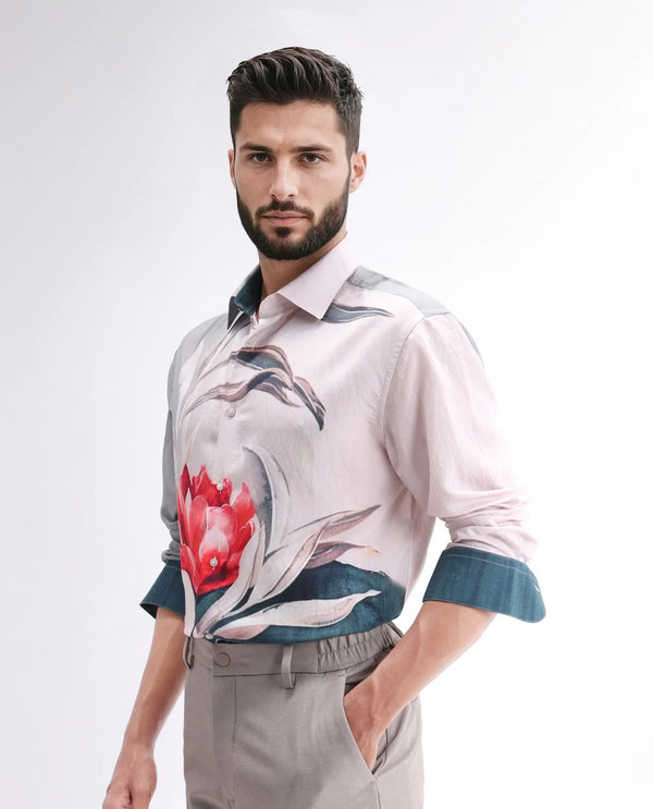 Rare Rabbit Men Numa Teal Viscose Blend Fabric Full Sleeve Collared Neck Jacquard Shirt