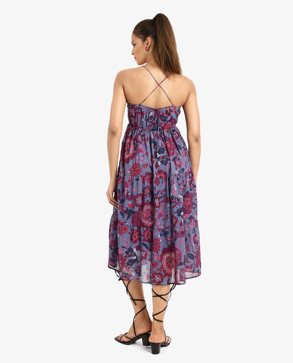 Rareism Women's Nuno Light Multi  Shoulder Straps Tie-Up Closure Sleeveless Floral Print Fit And Flare Midi Dress