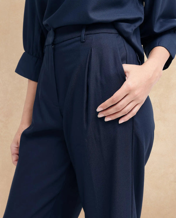 Rareism Women Nuray Navy Cotton Fabric Zipper Closure Solid Regular Fit Trouser