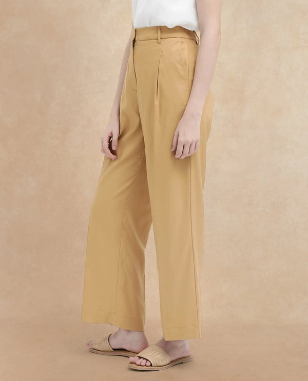 Rareism Women Nuray Tan Cotton Zipper Closure Trouser