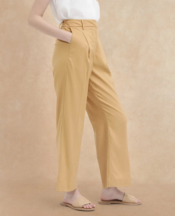 Rareism Women Nuray Tan Cotton Zipper Closure Trouser