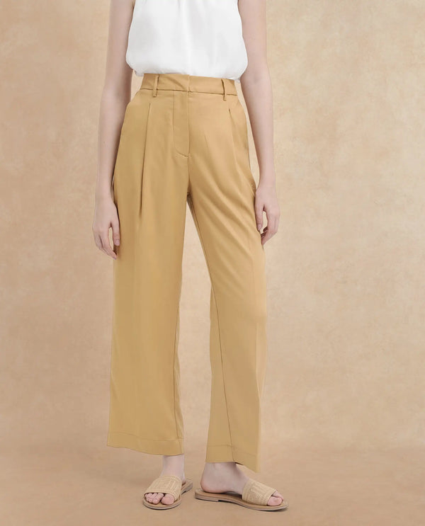 Rareism Women Nuray Tan Cotton Zipper Closure Trouser