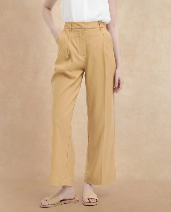 Rareism Women Nuray Tan Cotton Zipper Closure Trouser
